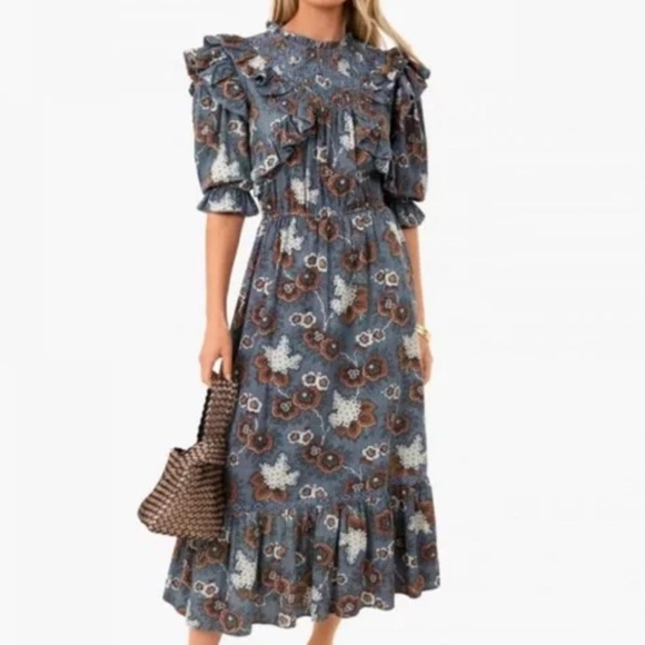 Sea New York Dresses & Skirts - Sea New York Lucinda Seersucker Flutter Sleeve High Neck Ruffle Midi Dress